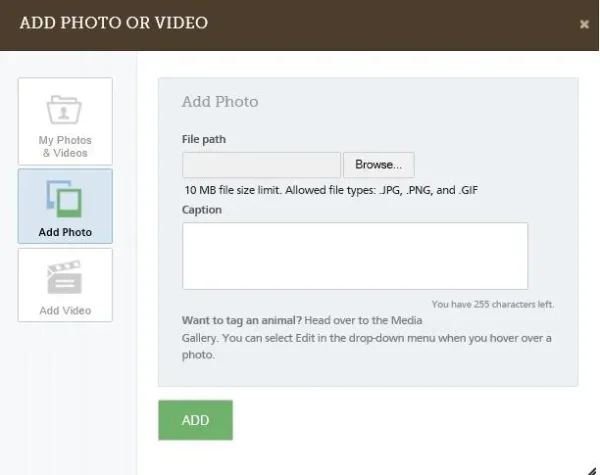 When adding pics to Pedegru click the 'Add Photo' to the left first, then pick your pic, then click the 'Add' at bottom