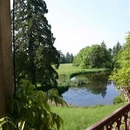 19th Century manor with original features, in-house chapel, large former caretaker's house with attached stables and barns. Set in a beautiful park of almost 16 hectares with footpaths and a pond, bordering a stunning small river